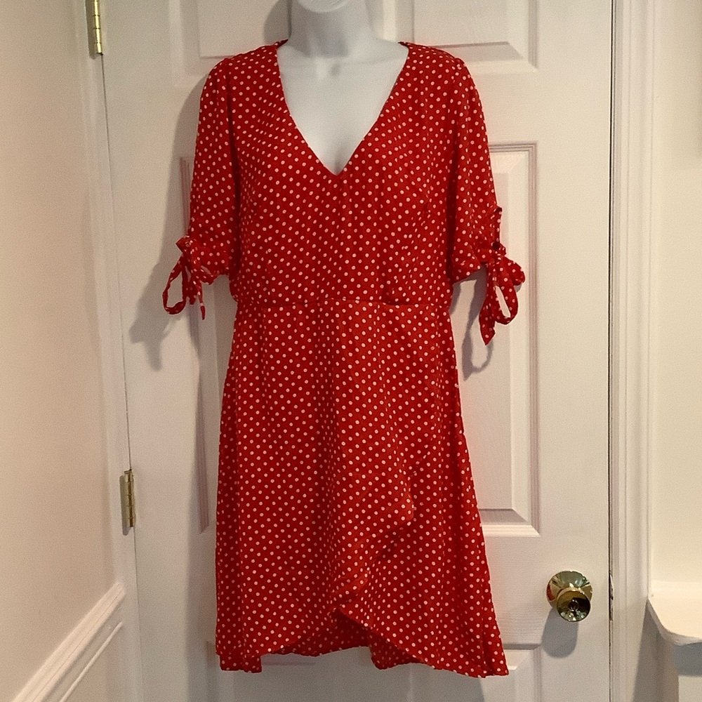 FANTASTIC FAWN Red Polka Dot Rockabilly Flirty Swing Wrap-Like Tie Sleeve Dress